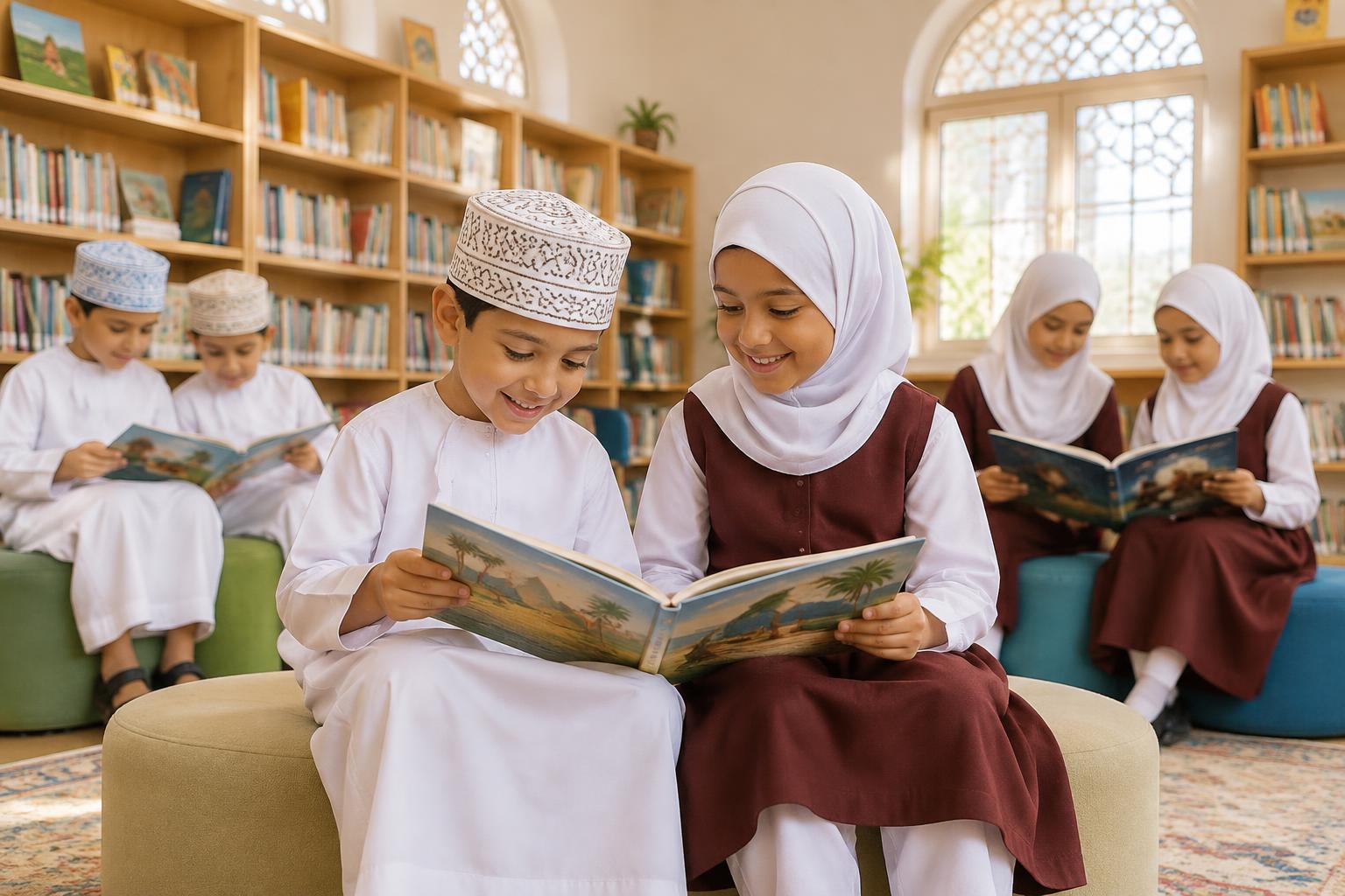 طالب وطالبة يقرآن معاً في مكتبة مدرسة النسمات